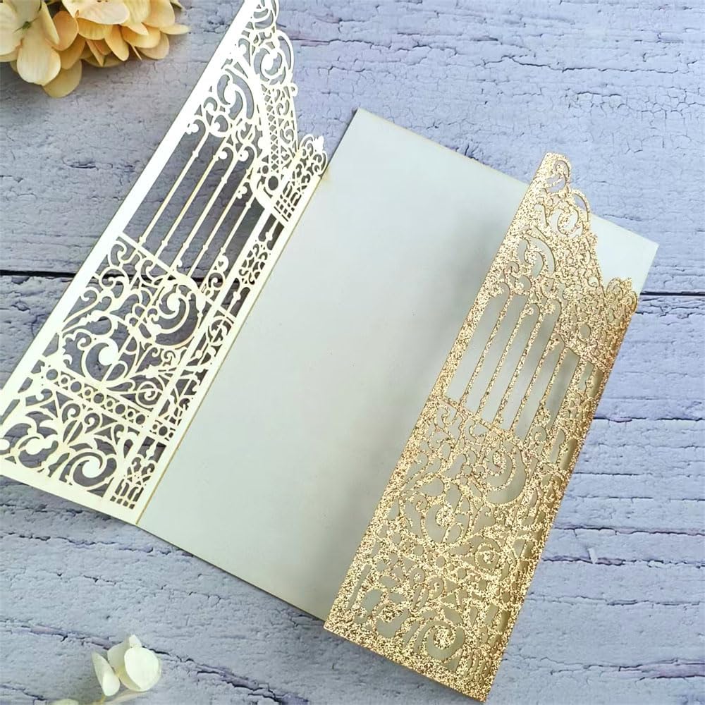 Glitter Laser Cut Gate Invitation Gold Castle For Wedding Valentine Birthday Quinceanera Sweet 16th 25 Sets (light rose gold glitter, 4.9"x7.1")