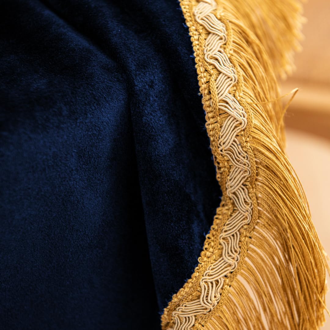 F-CHU Blue Tablecloth Thickset Velvet Tablecloth with Beautiful Gold Tassels Vintage Table Cloth for Home Decor Wedding, Party, Banquet and Events 67x120-Inch