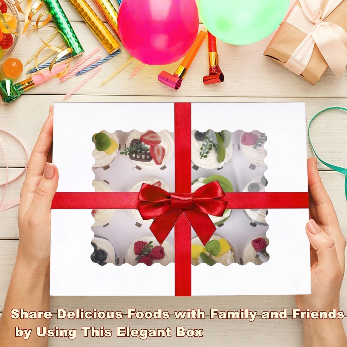 12-Set Cupcake Boxes Hold 12 Standard Cupcakes, Food Grade Cupcake Holders Bakery Carrier Boxes with Windows and Inserts for Cupcakes, Muffins and Pastries (White-12 Pack)