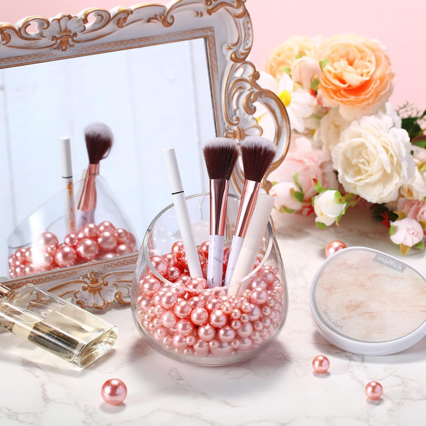 150 Pieces Vase Filler Faux Pearls Vase Makeup Beads No Hole Gloss Bead Mixed Sizes Round Pearl for Home Party Wedding Decor, 8/14/20 mm(Rose Gold)