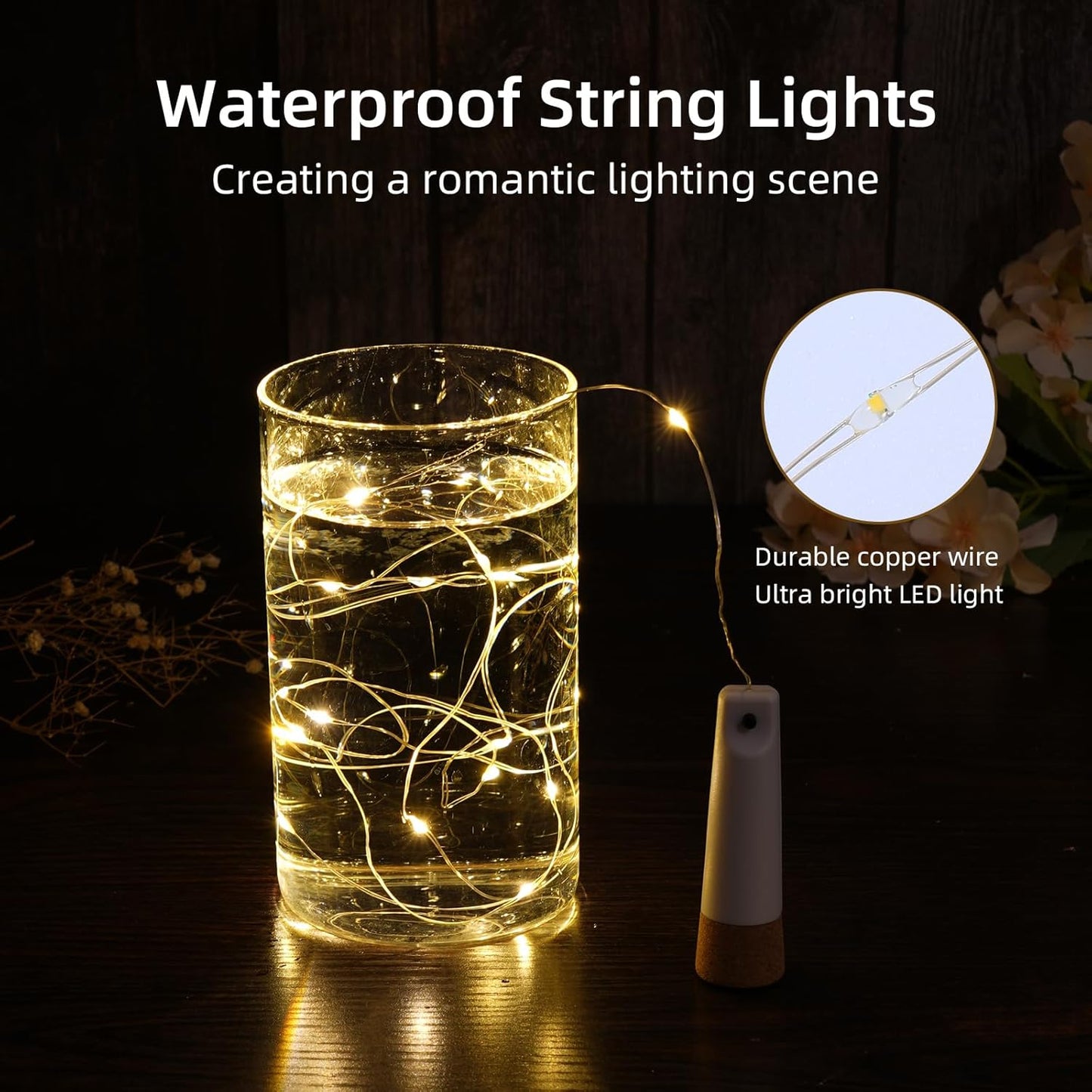 Wine Bottle Lights - 4 Pack Rechargeable Battery Operated 140mAh 20 LED Bottle Stoppers,8 Light Modes Switching,Perfect for Christmas, Weddings, Halloween, and More(Warm)