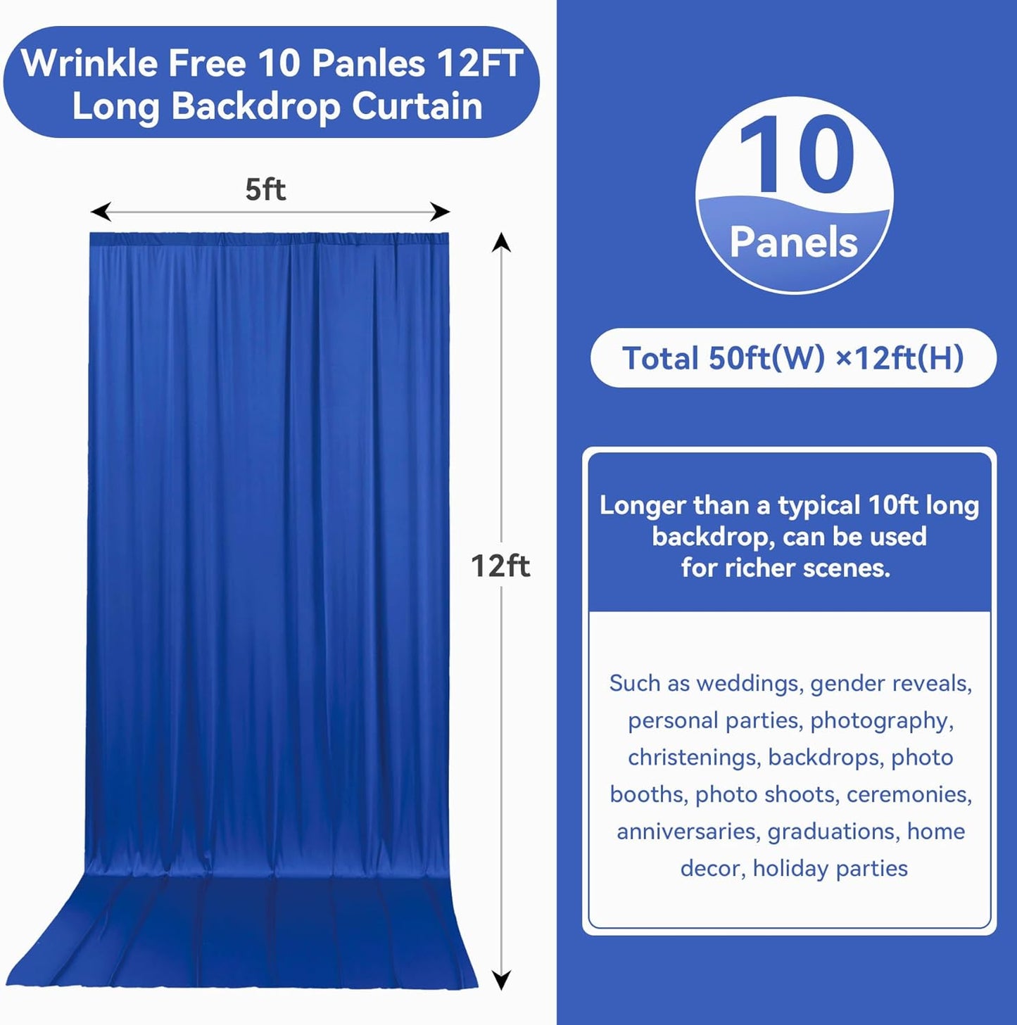 50ftx12ft Wrinkle Free Royal Blue Backdrop Curtain, 10 Panels 12FT Height Royal Blue Wedding Backdrop Drapes, Silky Polyester Back Drop Cloth for Birthday Photography Background Party Backdrop Draping