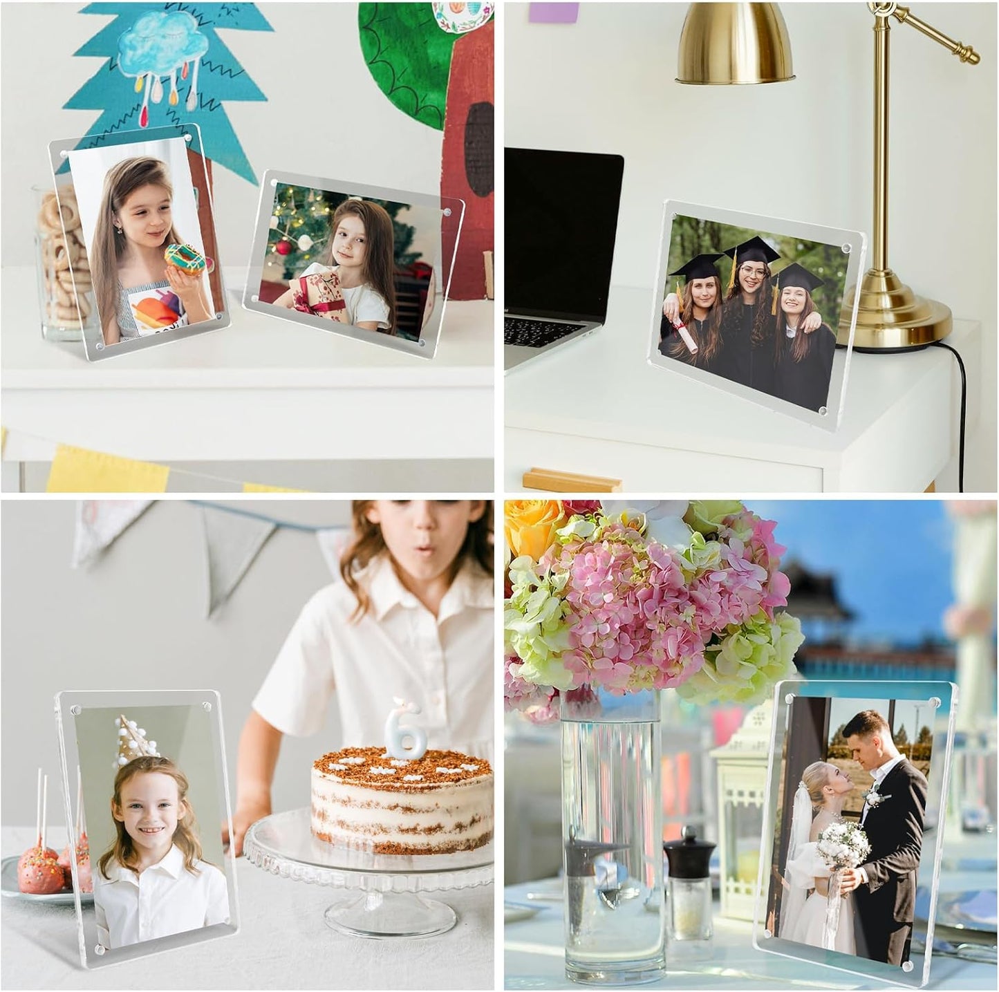 Acrylic Picture Frames 5x7 Inch Set of 3, Tabletop and Refrigerator Display Vertical and Horizontal Clear Magnetic Photo Frames with Detachable Stand for Gift, Home/Refrigerator Décor