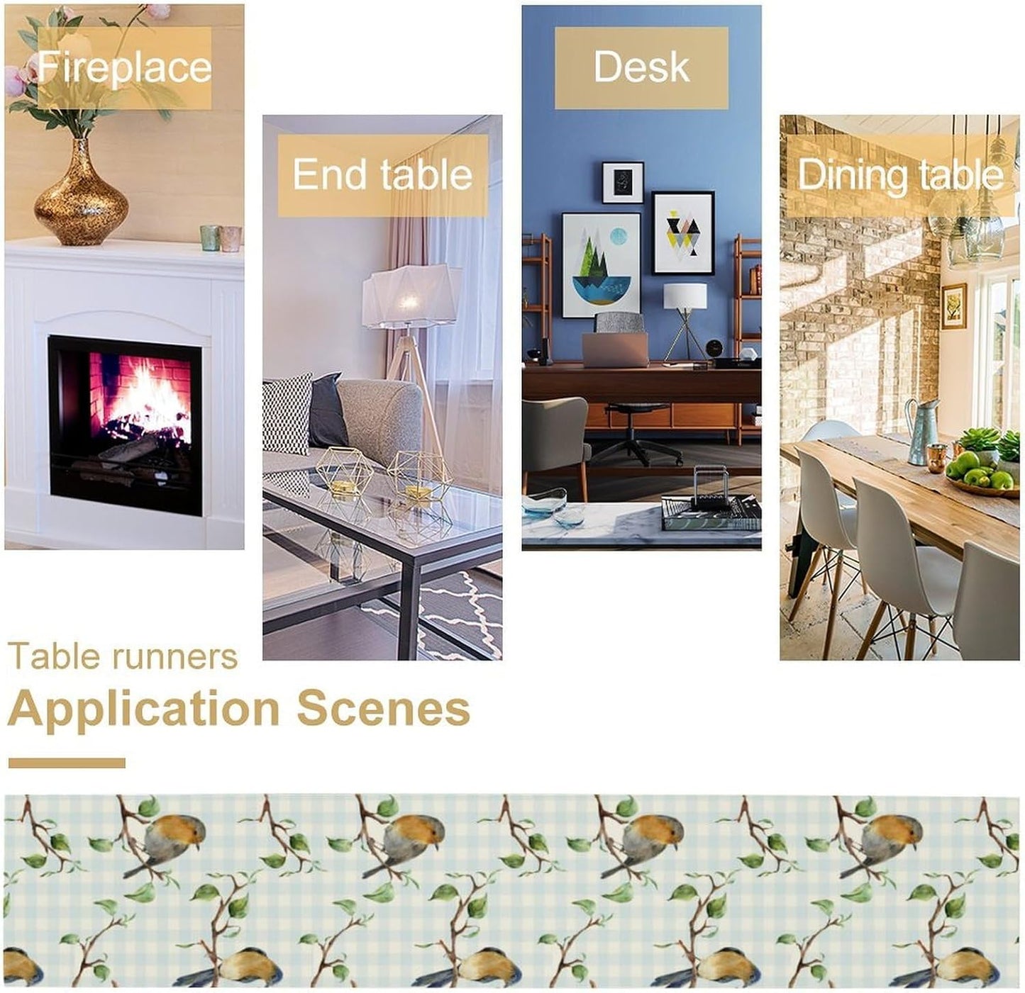 Bird Table Runner,Spring Birds Tree Blue Plaid Print Table Runner for Kitchen Dining Table Decoration Home Party Decor 13x60 Inch