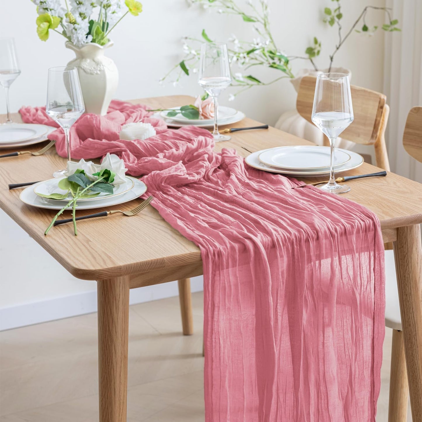 Asee'm 3pcs Cheesecloth Table Runner 120 Inches Dusty Rose Boho Gauze Cheese Cloth Runner 10FT Rustic Sheer Table Runners for Summer Wedding Baby Shower Holiday Party Decoration