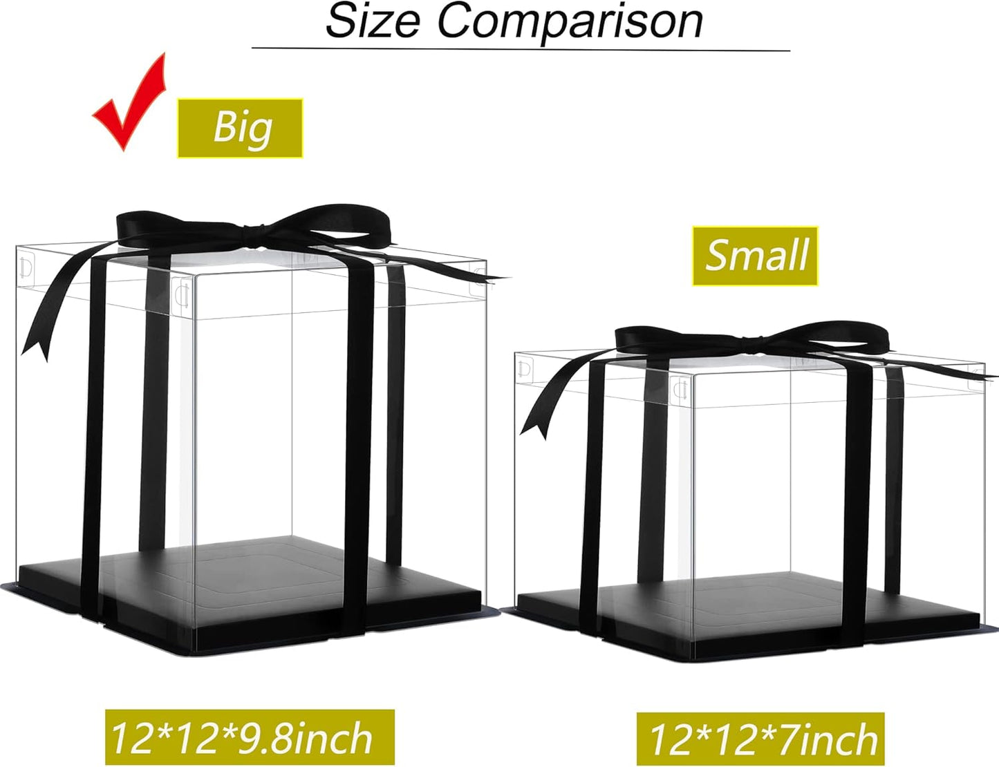 XININSUN 6Pcs Tall Cake Boxes Clear cake Box with Ribbon, 12x12x 10inch,Ideal for Large 10" and 12" Inch Tall Layer Tiered Cakes and Clear Gift Boxes for Wedding Party and Gift Display - Black