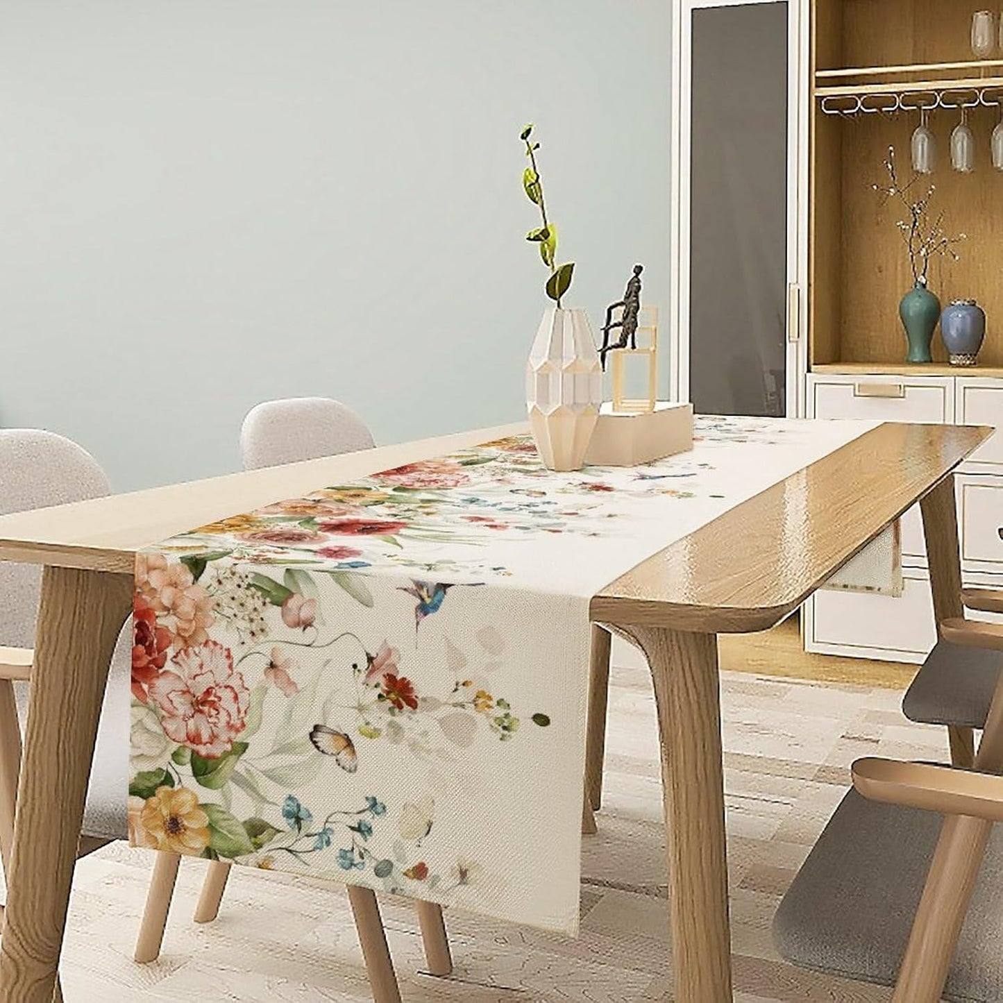 Rustic Floral Table Runner, Watercolor Flower Leaves Hummingbird Butterfly Farmhouse Kitchen Dinning Table Runner for Indoor Outdoor Home Wedding Party Holiday, 13x108 Inch