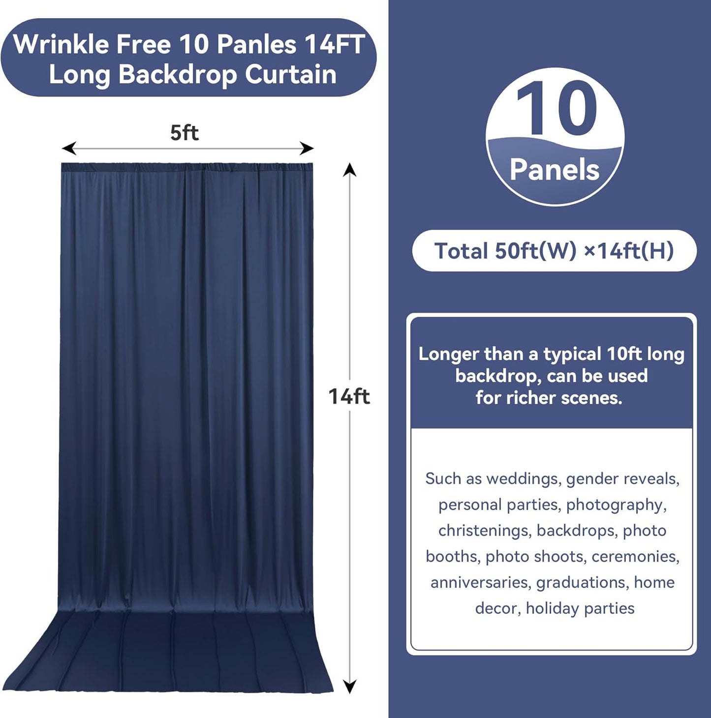 50ftx14FT Wrinkle Free Navy Blue Backdrop Curtain, 10 Panels 14FT Height Navy Blue Wedding Backdrop Drapes, Silky Polyester Back Drop Cloth for Birthday Photography Background Party Backdrop Draping