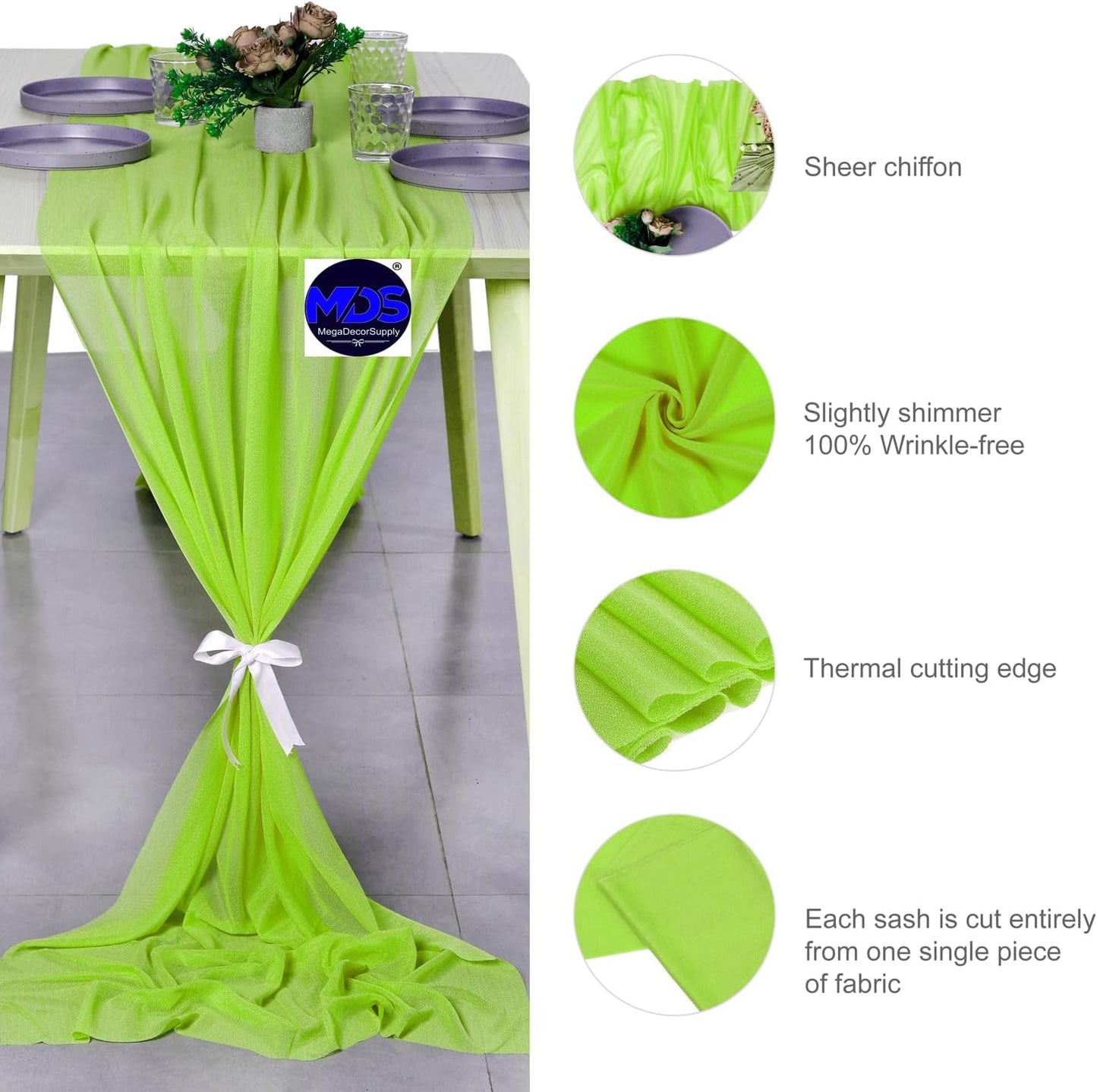 MDS 5 Pack 10ft Chiffon Table Runner 29 x 120 Inches Sheer Wedding Runner Romantic Rustic Table Runner for Wedding Decorations, Birthday Parties, Bridal Shower Party Arch Decor - Parrot Green