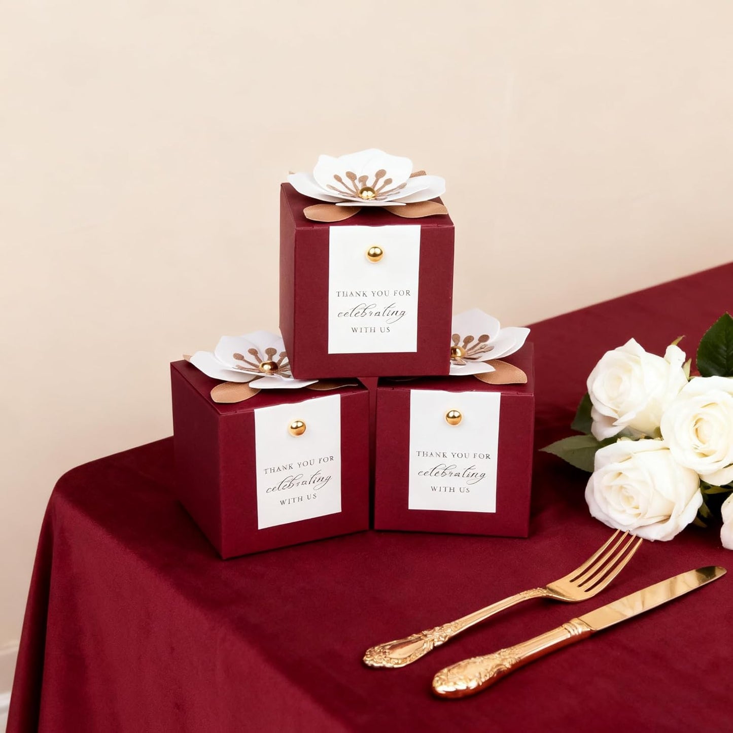 FEIYI 20 PCS Candy Boxes, 3 In 1 Burgundy Favor Boxes with Floral Decor, White Thank You Tags Gift wrapping for Wedding Birthday Baby Shower Decorations Party -2.55x2.55x2.55''