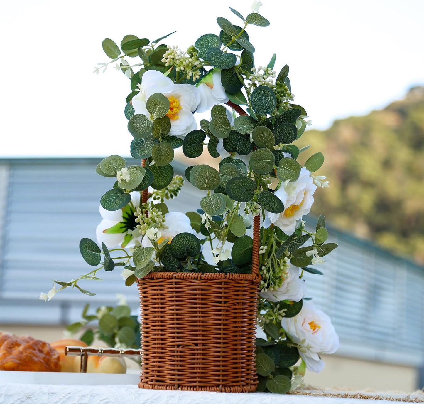 2 Pcs Total13Ft Eucalyptus Flower Garland with Fake Rose Flower, Artificial Fake Flowers Greenery Garland Floral Vines for Decoration Party Wedding Table Indoor Outdoor Backdrop Wall Decor(White)