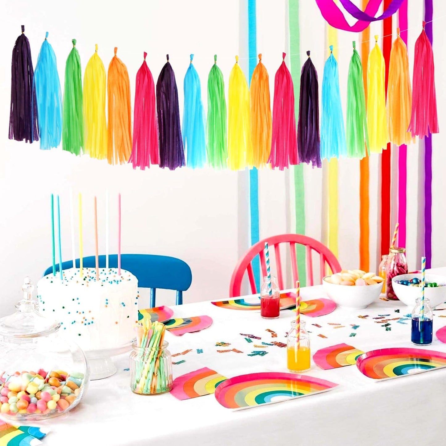 Rainbow Birthday Party-Decorations - 33pcs Colorful Banner,Mexican Theme Streamers Tassel Garland,Tissue Pom Poms Honeycomb,Paper Lantern Fans,Baby Shower Classroom Decor Supplies Hugtmr