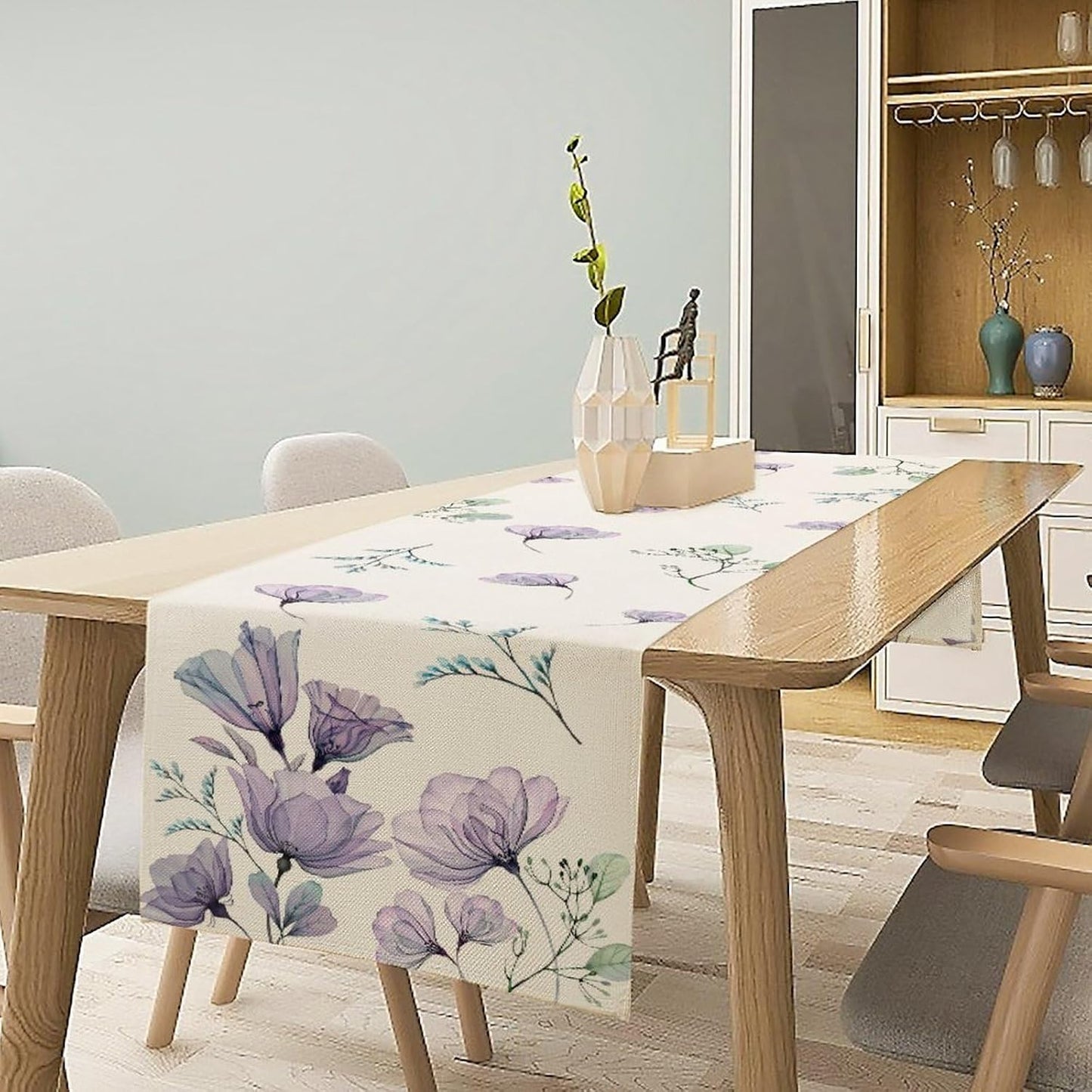 Poppy Flower Table Runner, Watercolor Purple Floral Leaves Seasonal Spring Summer Table Runner for Kitchen Dinning Table Runner Decor Home Wedding Party Holiday, 13x60 Inch