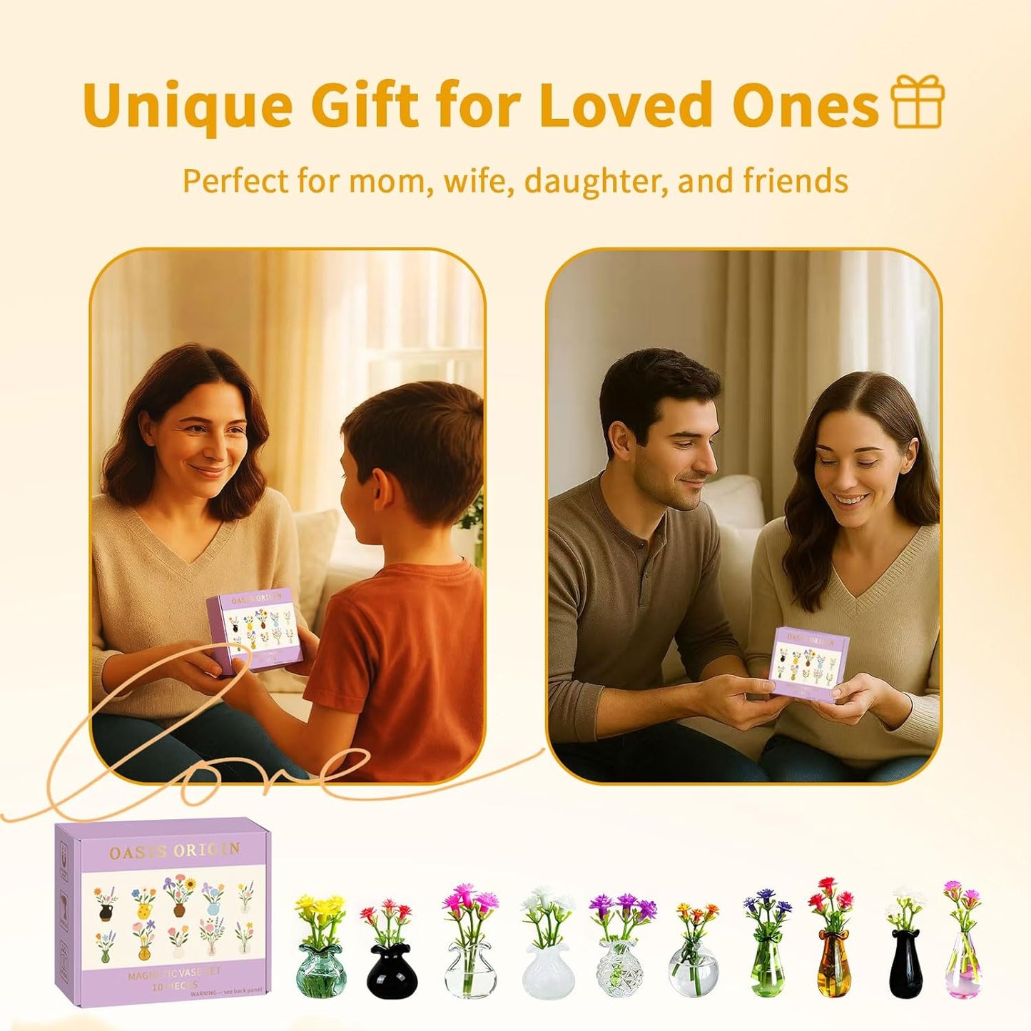 Magnetic Bud Vase Set – Mini Ceramic & Glass Vases with Strong Magnet for Fridge & Whiteboard – Decorative Small Flower Vases for Kitchen, Home or Office Décor for Women (Glass)