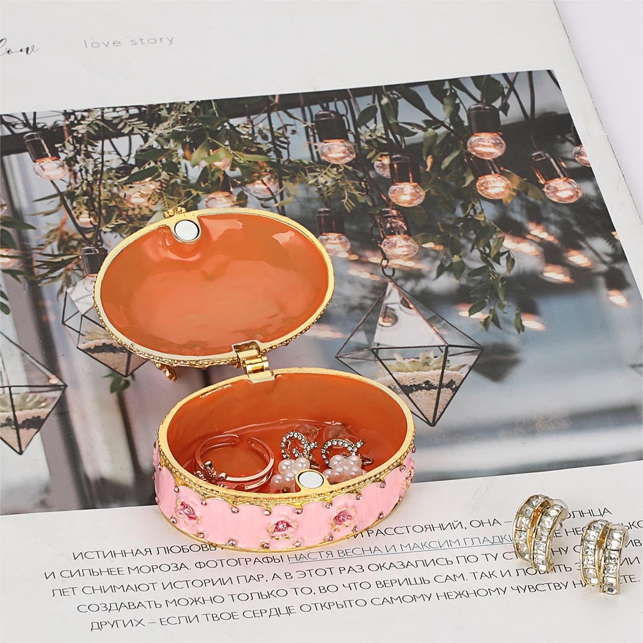 ELLDOO Enamel Flower Butterfly Trinket Box, Mini Vintage Metal Hinged Decorative Box Ring Earrings Jewelry Organizer, Keepsake Home Decor Gift Box for Women Girls, Pink