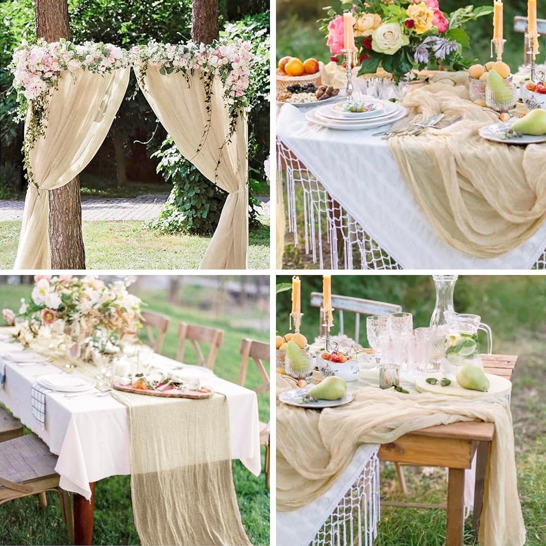 Beige Cheesecloth Table Runner -21*120Inch Long Boho Wedding Table Decor, Rustic Gauze Fabric Runner for Bridal Showers, Baby Showers & Parties (Sheer, Lightweight, Wrinkled Design)