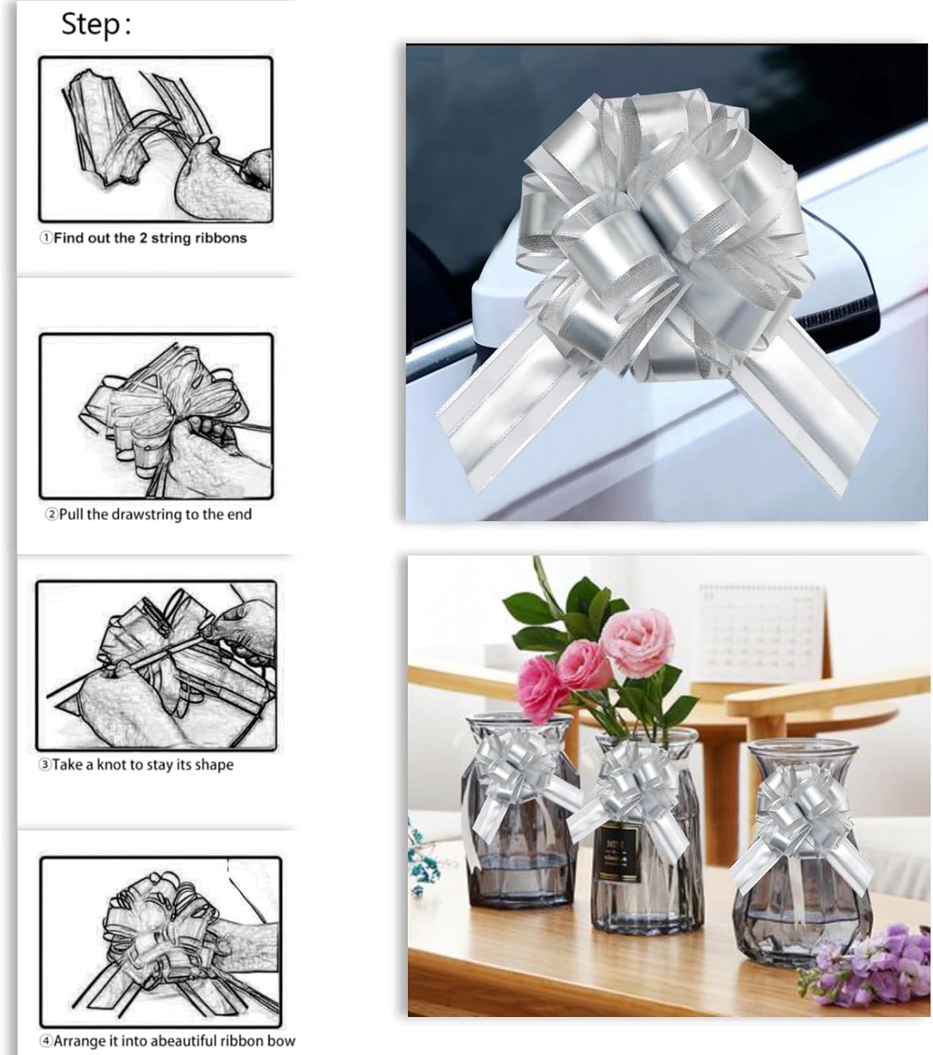 7 Pieces Large Pull Bows, 6 inche, Big Bow for Gift Wrapping, Christmas Party Birthday Gift, Wedding Baskets,Valentine's Day Gift Decorations, Flower Decoration (Silver)