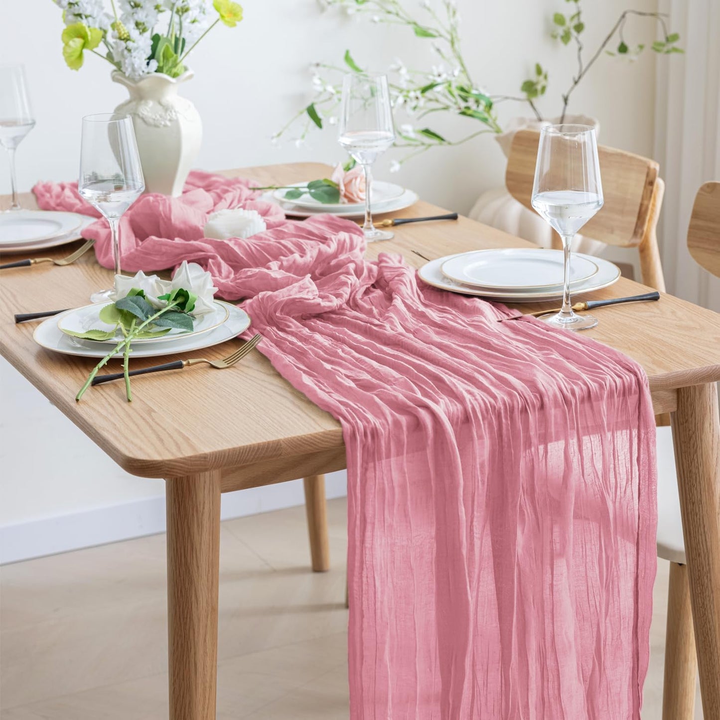 Asee'm 12pcs Cheesecloth Table Runner 120 Inches Long Pink Boho Gauze Cheese Cloth Runner 10FT Rustic Sheer Table Runners for Christmas Wedding Party Baby Shower Spring Easter Decoration