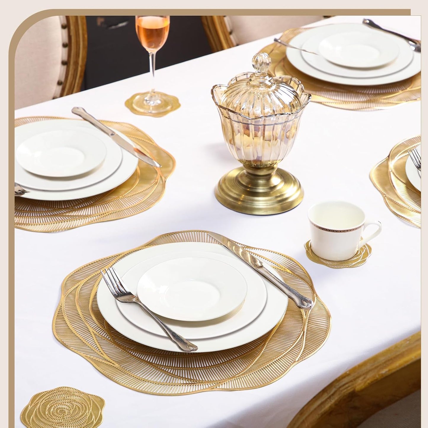 Sieral 24 Set 15 Inch Round Pressed Vinyl Placemats Hollow Out Rose Placemat Set Metallic Slip Resistant Place Mat Coaster Including Place Mats and Coasters for Wedding Dining Kitchen (Gold)