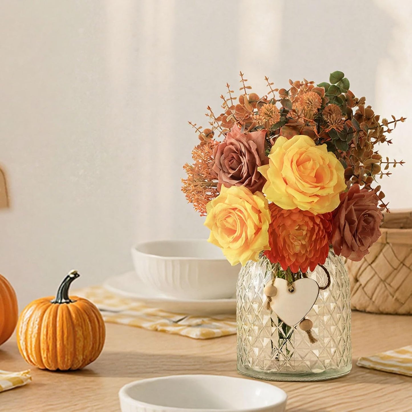 Artificial Fall Flowers in Vase, Yellow Silk Rose with Eucalyptus, Faux Plant Floral Centerpiece for Home Office Dining Table Decor, Fake Hanksgiving Wedding Living Room Farmhouse Autumn Decorations