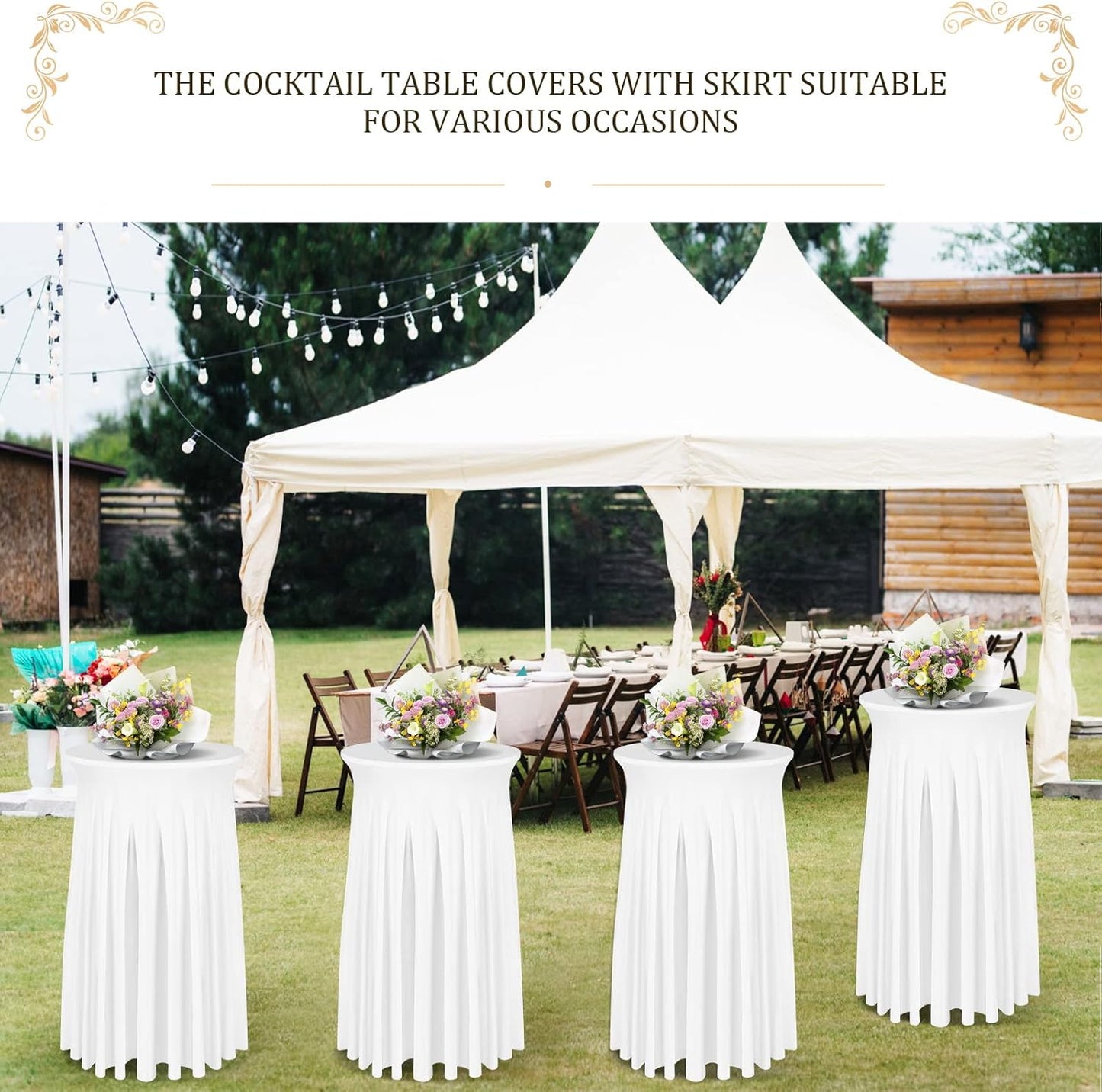 Cocktail Table Covers - 2 Pack 32"x 43" White Cocktail Table Tablecloth with Natural Wavy Round Skirt for Bar Wedding Party Banquet