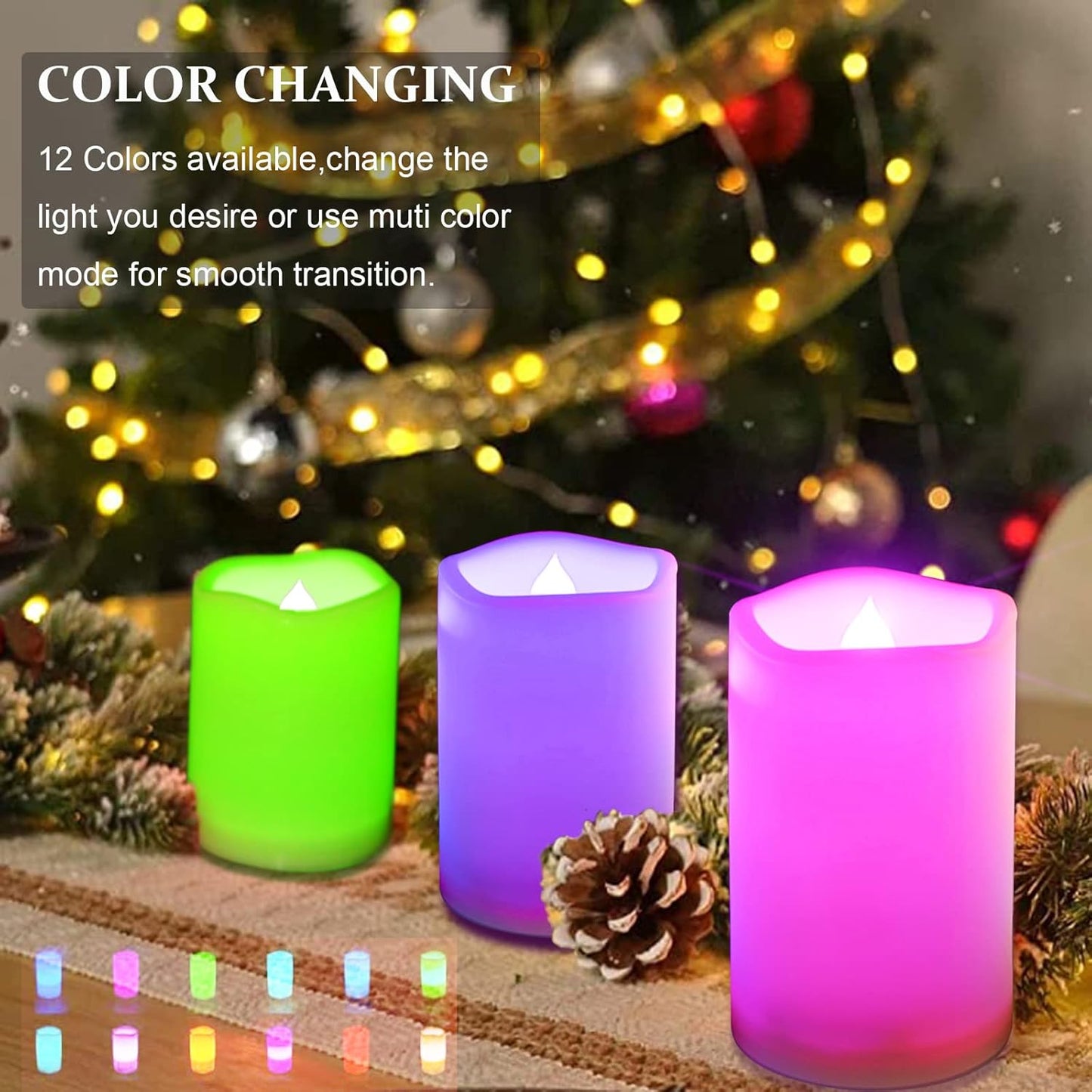 SWEETIME 3 Color Changing Led Pillar Candles with Controller and Timer - 3x4 3x5 3x6 Multi Colored Flickering Outdoor Waterproof Flameless Candles Battery Operated,Weatherproof Candles.