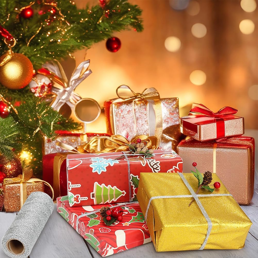 Tenn Well Metallic Silver Twine, 328 Feet 1mm Craft String for Gift Wrapping, Christmas Ornaments, Holiday Decorations, DIY Crafts