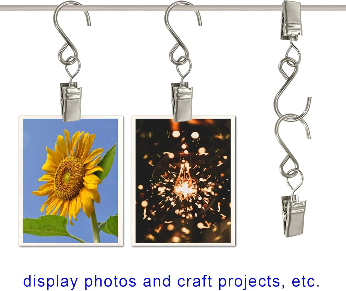 Stainless Steel S Hooks Curtain Clips, 50 Pack Hanging Party Lights Clips, Hangers Gutter Photo, Art Craft Display, 2.4 Inch Long, Silver