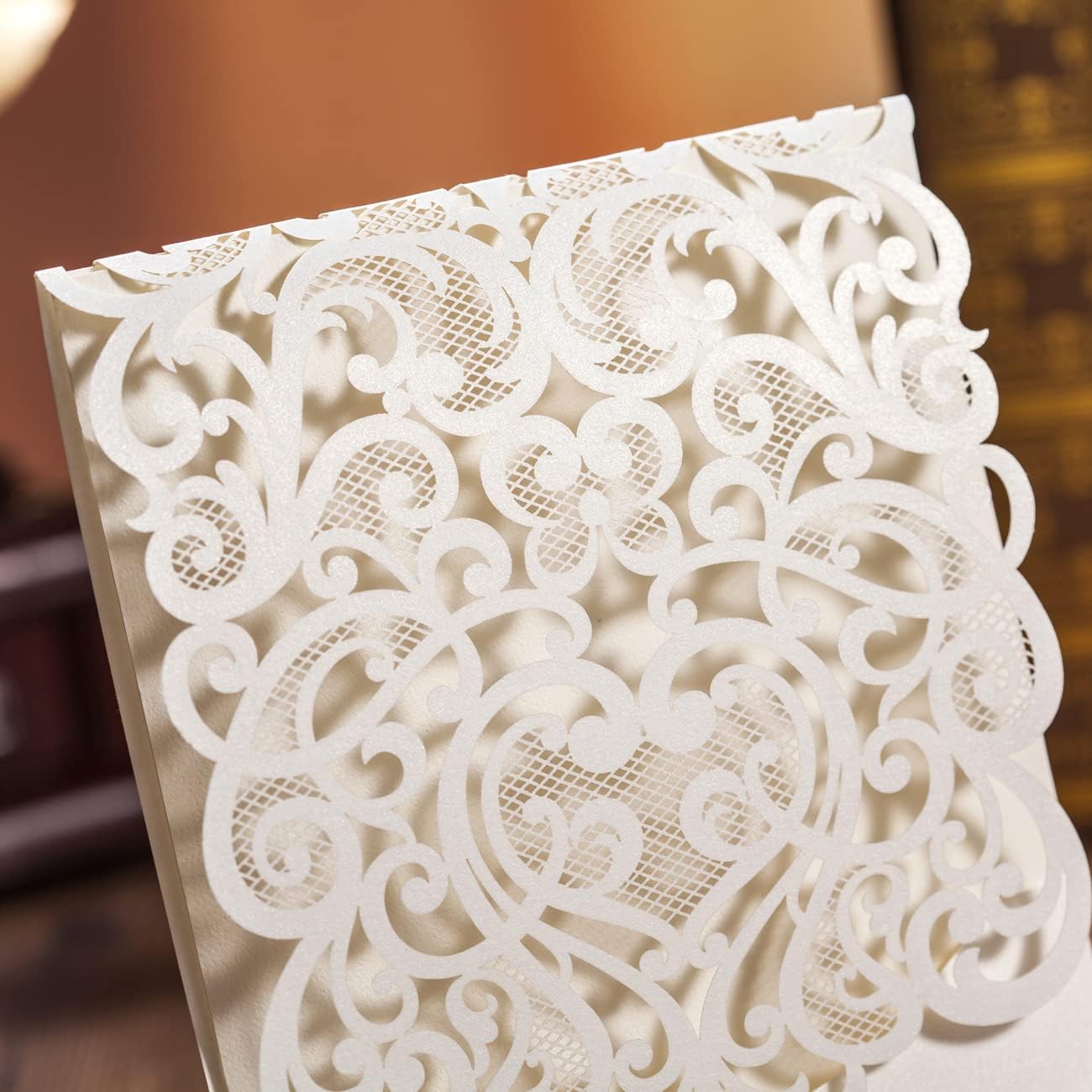 Hosmsua 50PCS Personalized Wedding Invitations Kit 5.12 x 7.3 Laser Cut Hollow Rose Rhinestone Pocket with Envelope for Wedding Quinceanera Invite (White Ivory)