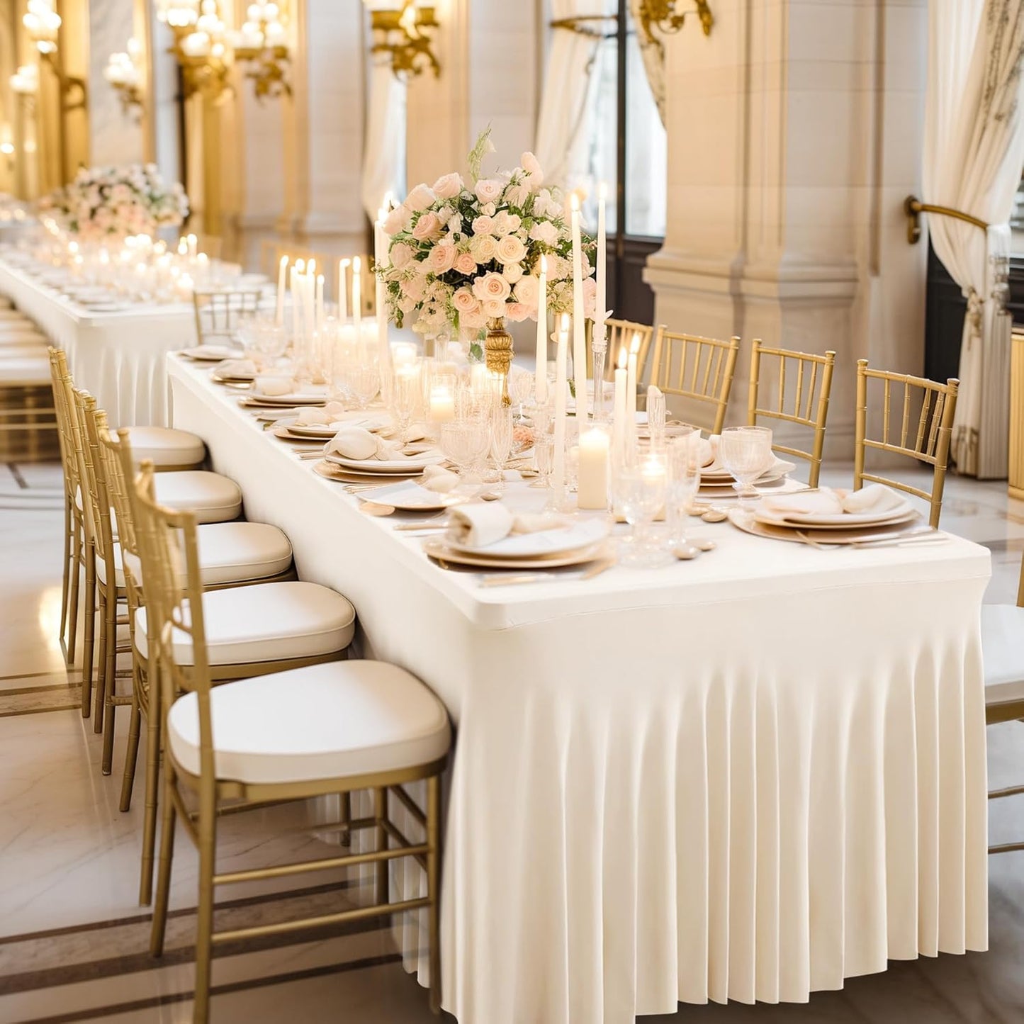 Wish Care 2 Pack Ivory Spandex Table Clothes for 6 Foot Rectangle Tables, 6FT Wrinkle Free Fitted Tablecloths Ruffles Design Table Cover for Party, Banquet, Wedding and Events