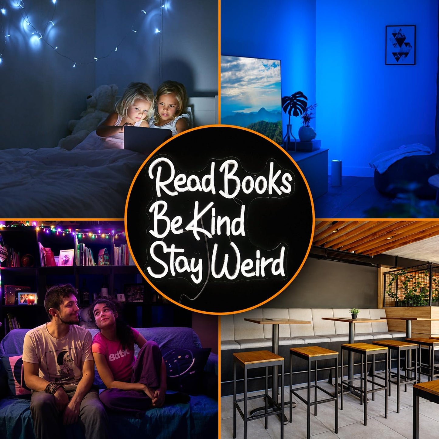 Read Books Be Kind Stay Weird Neon Sign Letter LED White Neon Lights Dimmable USB Powered 14.17’’X13’’Cool Wall Decorative Light Bedroom Bar Birthday Party Decoration Gifts (White)