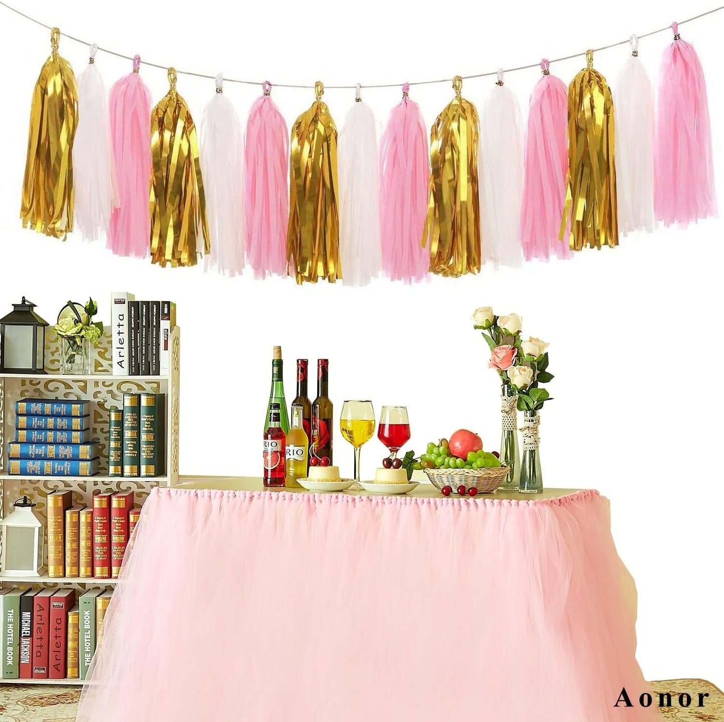 Paper Tassel Garland Banner - Tissue Paper Tassels for Bridal Shower, Wedding, Baby Shower, Birthday Decorations (Metallic Gold+Pink+White), 15 PCS