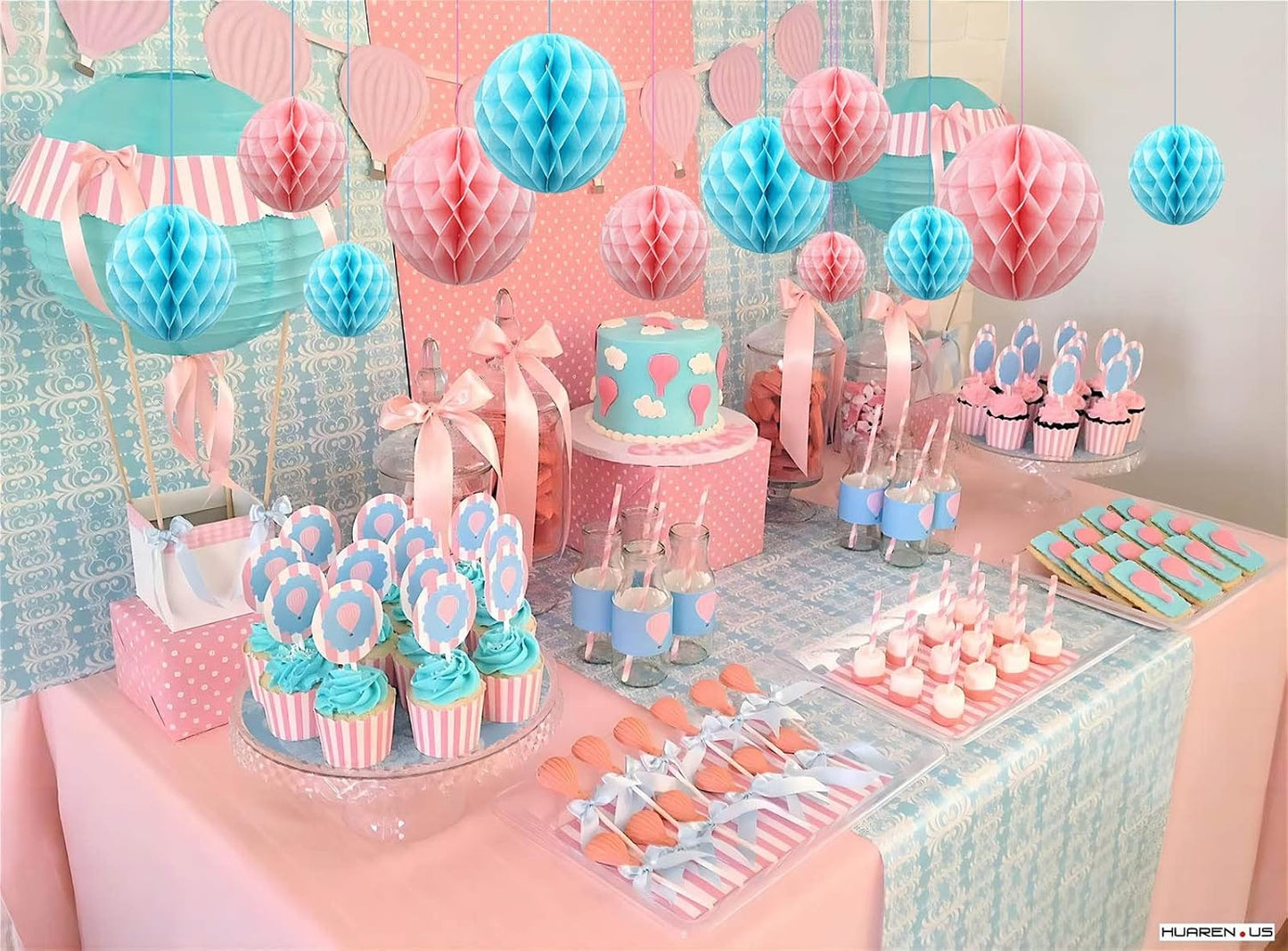 ZOOYOO 12Pcs 6" 10" Honeycomb Balls Decorations Hanging Tissue Paper Pom Poms for Gender Reveal,Baby Shower,Birthday Party,Baptism,Wedding,Nursery & Home Decor(Pink Blue)