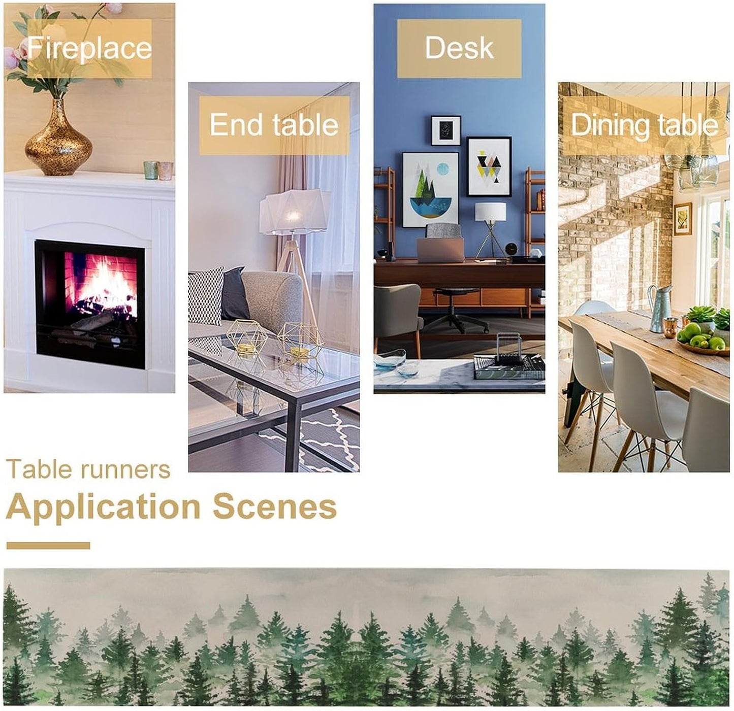 Foggy Forest Table Runner,Green Forest Natural Landscape Table Runner for Kitchen Dining Table Home Party Decoration 13x60 Inch