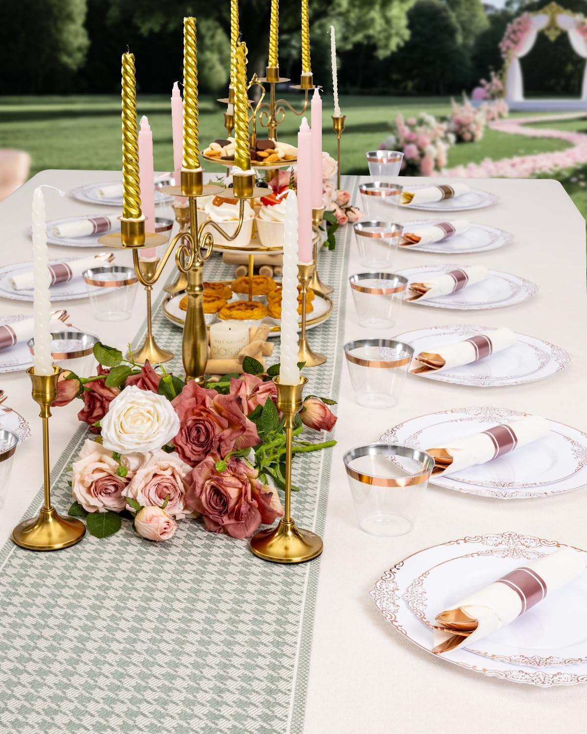 Goodluck 350 Piece Rose Gold Plastic Dinnerware Set for 50 Guests,Fancy Disposable Plates,Include: 100 Rose Gold Rim Plastic Plates,150 Silverwares,50 Pre Rolled Napkins,50 Cups for Party,Wedding