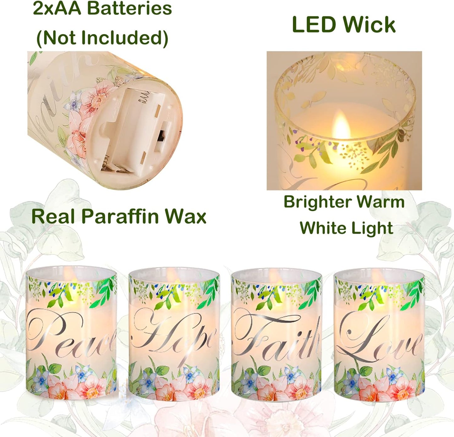 Silverstro Christmas Flameless Candles Glass Flickering Real Wax Floral LED Candles with Remote - Home Party Room Botanical Holiday Decor Set of 4