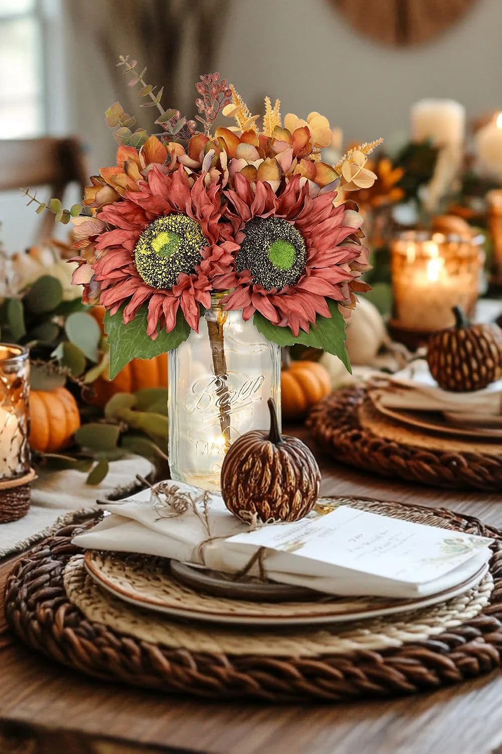 Silk Sunflowers Artificial Flowers with Mason Jar Centerpiece for Table Orange Red Fall Flowers in Vase Fall Floral Arrangement with Vase Thanksgiving Centerpiece for Dining Room Table Autumn Decor