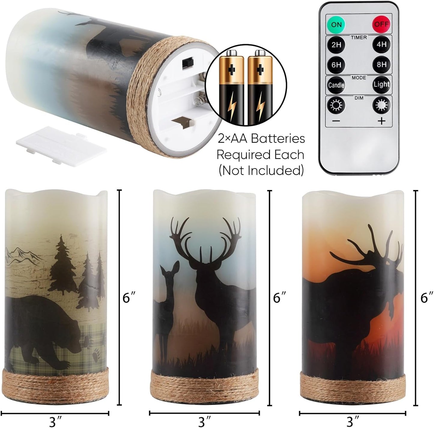 Homemory Christmas Flameless Candles Battery Operated with Rope, Deer, Bear, Moose, Remote Control and Timers, Rustic Country Home Farmhouse Cabin Decor Gifts, 3”x 6”