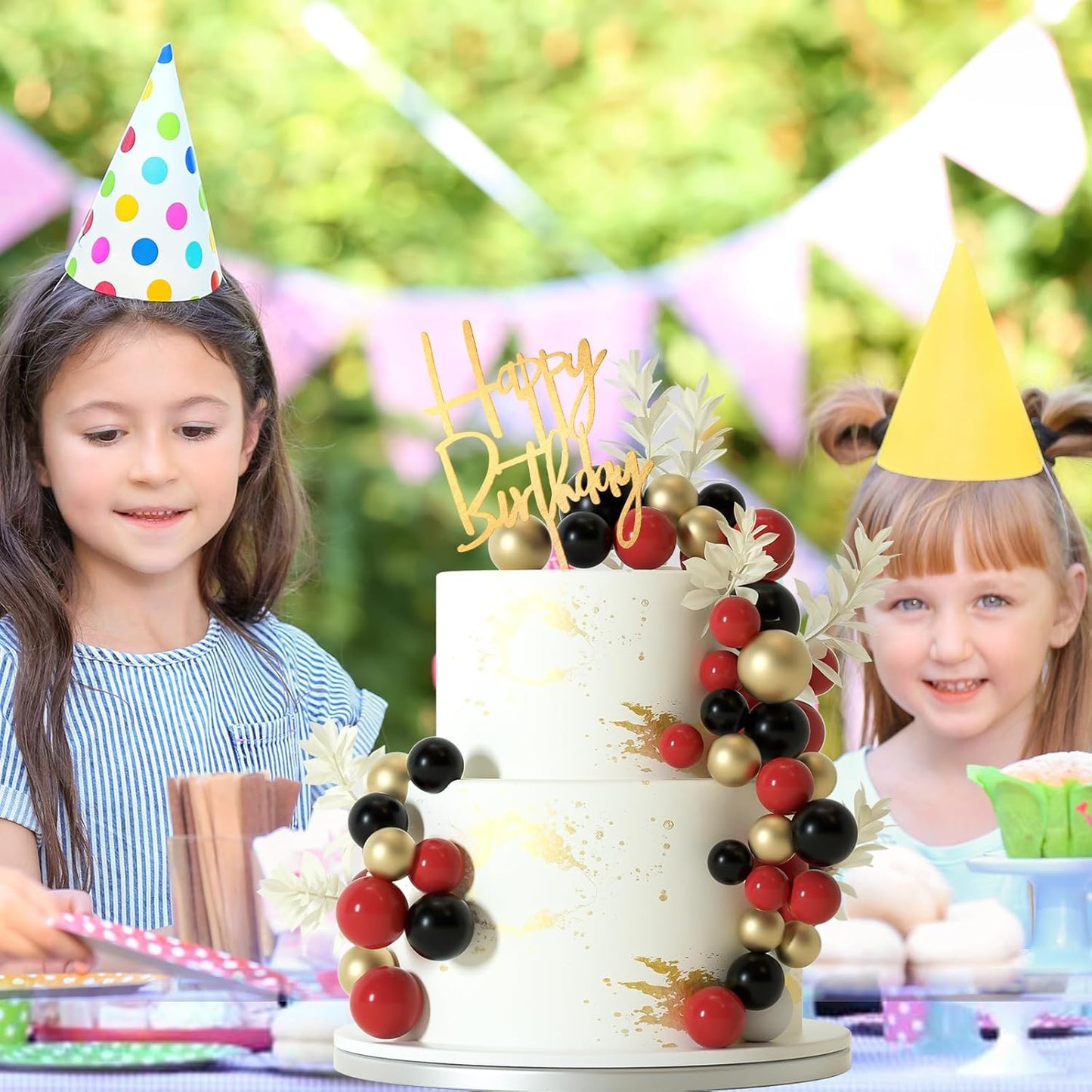 MIAHART Ball Cake Toppers Boho Grass Cake Topper Ball Cake Insert Decoration for Birthday Wedding Baby Shower Party Decorations Boho Themed Party Supplies (Red,black,gold)