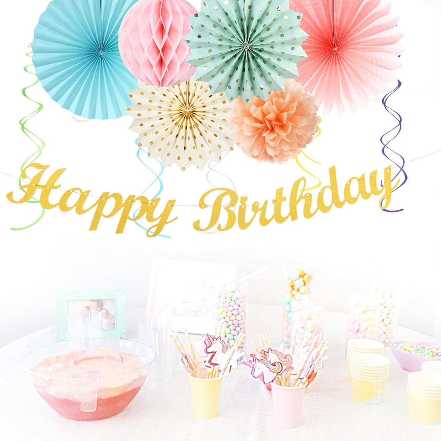 Pastel-Rainbow Classroom Girls Birthday Party-Decorations - 21pcs Happy Banner Decor, Colorful Paper Streamers Lanterns,Tissue Pom Poms Fan,Hanging Honeycomb Garland, Two Sweet Easter Supplies Huglony