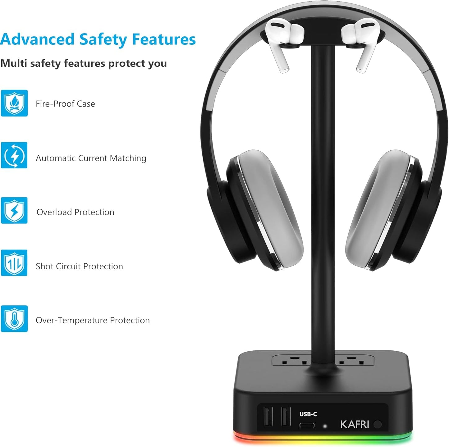 KAFRI RGB Headphone Stand with USB A&C Charger Desk Gaming Headset Holder Hanger Rack with 3 USB Charging Port and 2 Outlet - Suitable for Gamer Desktop Table Game Earphone Accessories Boyfriend Gifts