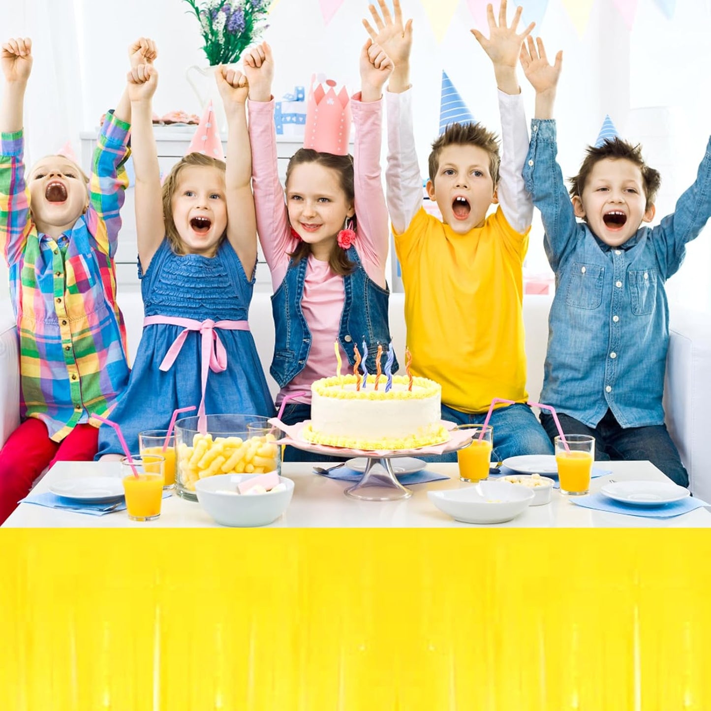 3 Pack 29 x108 Inch Macaron Yellow Foil Fringe Table Skirts Metallic Banner for Tinsel Streamer Garland Backdrop for Parade Floats Wedding Thanksgiving Birthday Christmas New Year Party Decoration