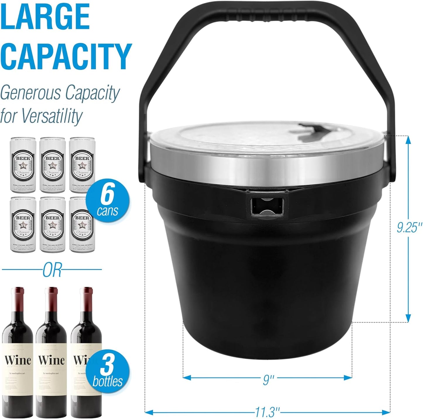 Insulated Ice Bucket with Lid & Scoop-XL Double-Walled, bar Essentials for Entertaining, Holiday Party, Stainless Steel Wine Chiller, Beverage Tub with Handle, Bottle Opener, Great Gift (Black)