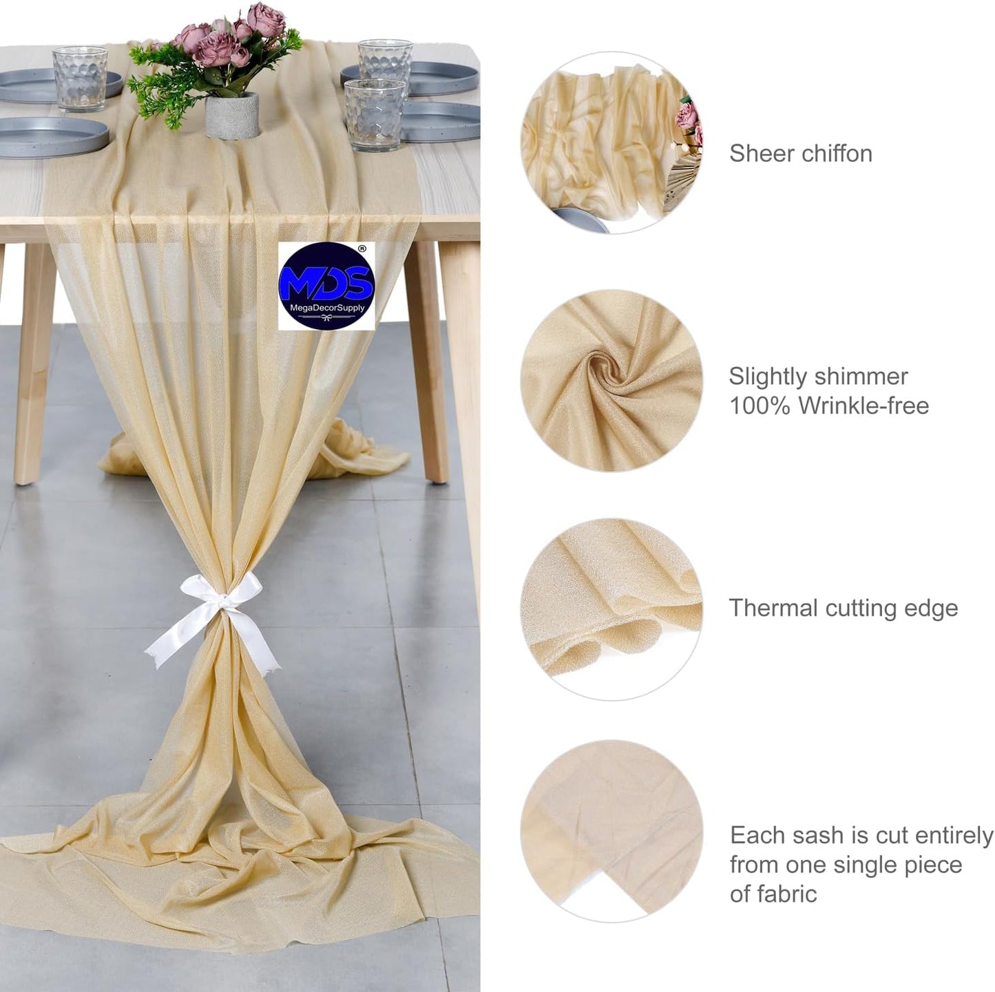 MDS Halloween Chiffon Table Runner - 20 Pack, 29 x 170 Inches, 14ft Each - Sheer Spooky Table Runners for Haunted House Parties, Trick-or-Treat Tables, Witchy Décor, Wedding & Events - Champagne Gold