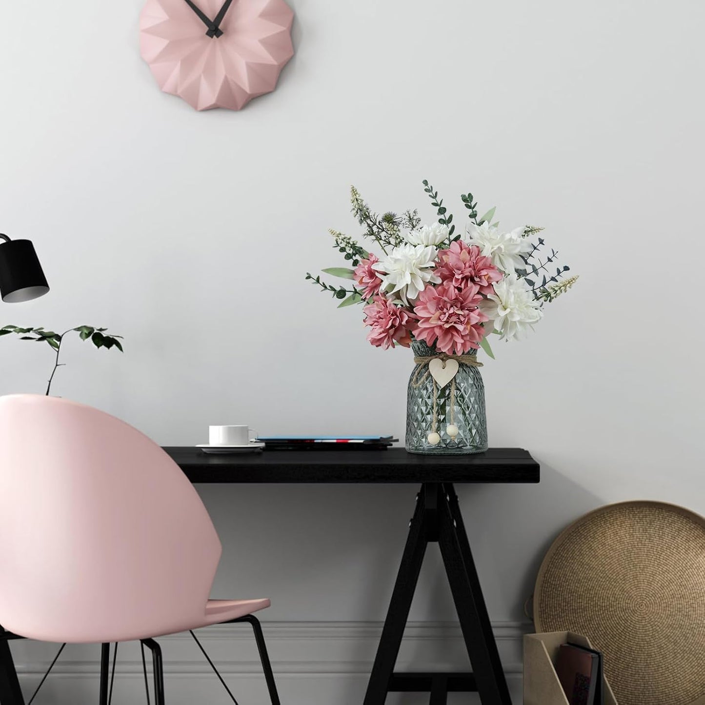 Fake Flowers in Vase,8 Dahlias,Silk Artificial Flowers in Vase,Faux Flowers in Vase with a Flower Arrangement Holder,Centerpiece Table Decorations