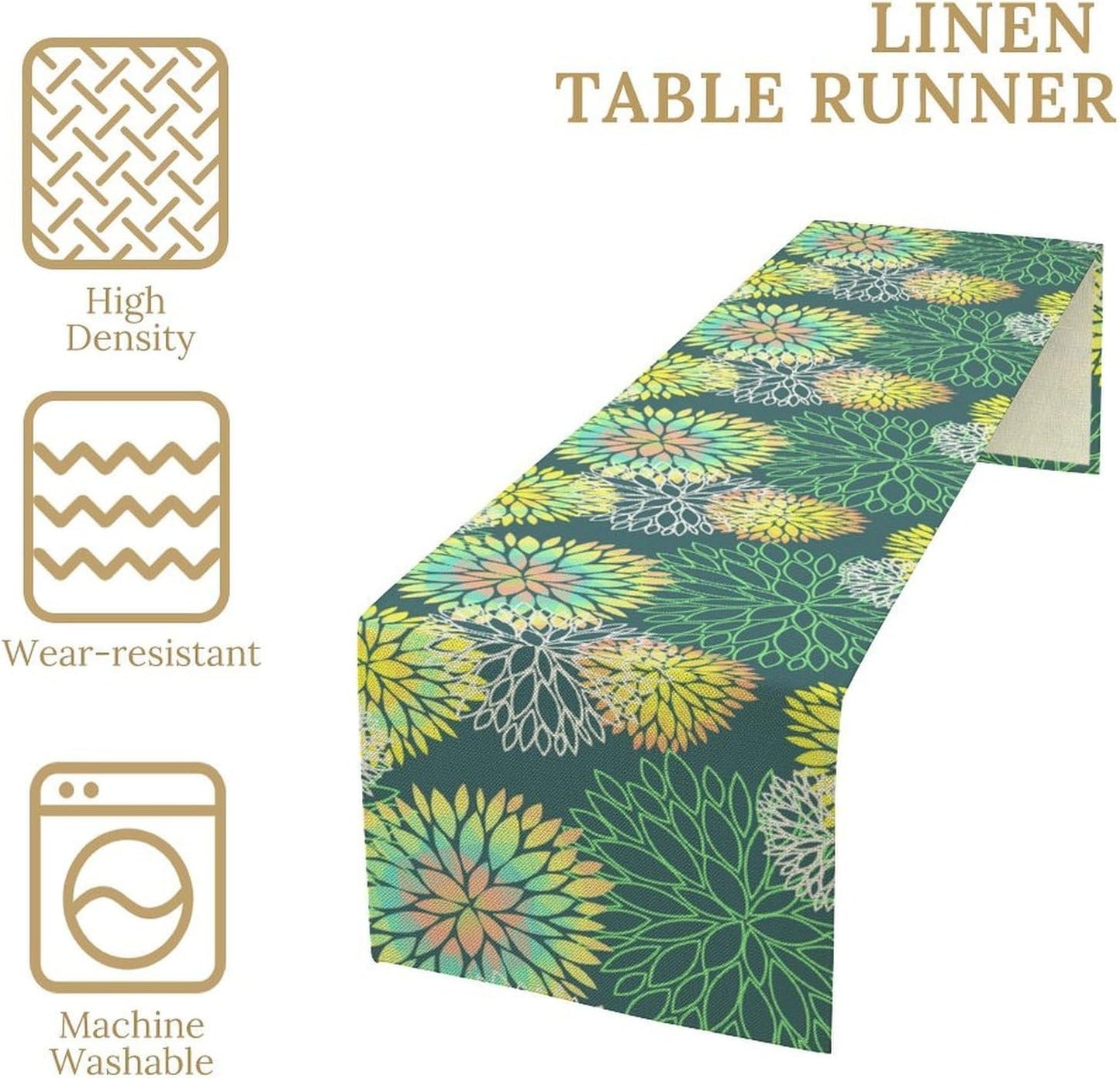 Green Dahlia Flower Table Runner, Linen Geometric Pattern Floral Table Decor Spring Farmhouse Decorations for Kitchen Dining Holiday Party Decor, 13x120 Inch