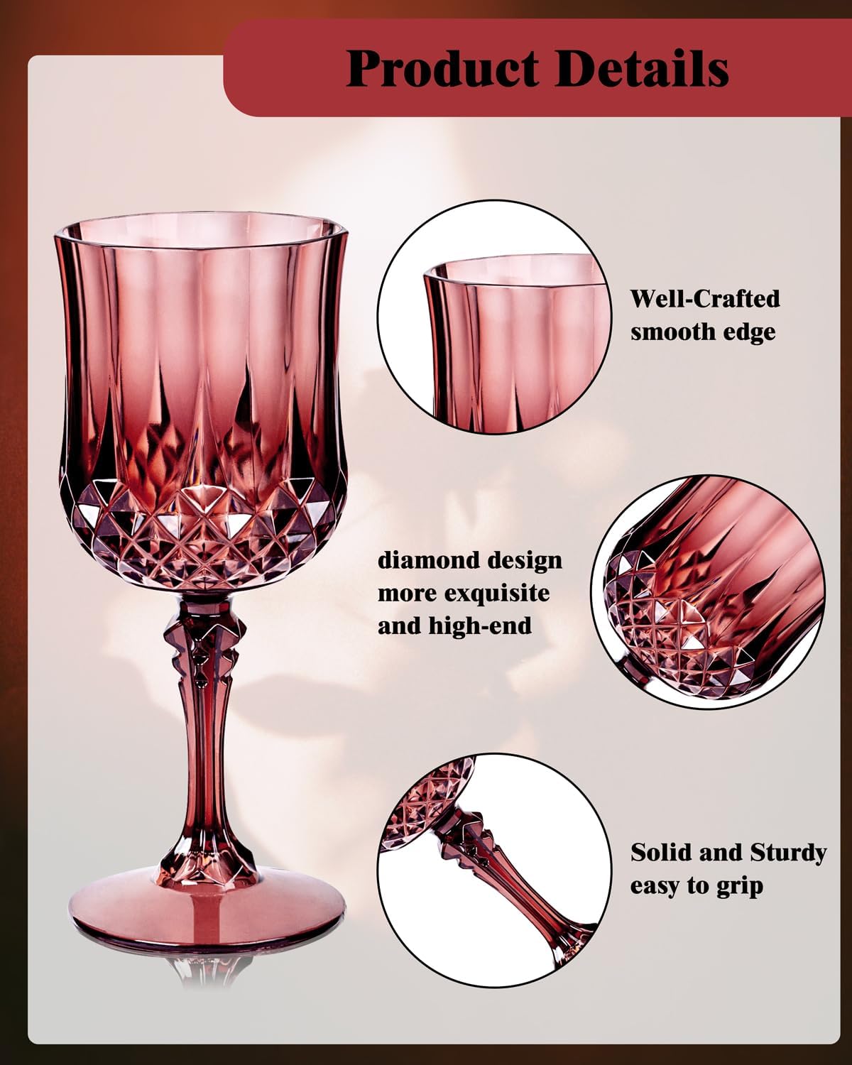 Ciaell 24PCS Burgundy Plastic Wine Glasses - 7 Oz Plastic Goblets for Party - Burgundy Vintage Drinking Glasses - Disposable Water Goblets Set for Wedding, Bar, Wine, Beer, Juice & Christmas