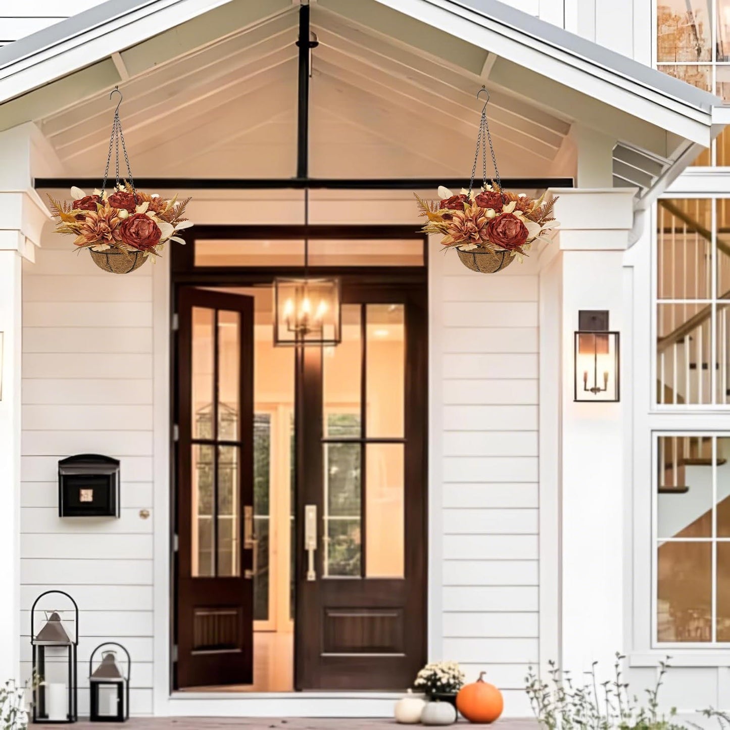 Hollyone Fall Hanging Baskets Peonies Artificial Flowers Fall Hanging Decor Peonies Flowers Faux Plants Baskets for Indoor Outdoor Fake Peony for Porch Patio Garden Autumn Decorations for Home