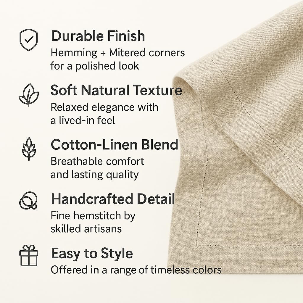 Cotton Linen Dinner Napkins 20 x 20 Inch – Summer Beige Napkins Set of 4 – Washable Fabric Cloth Napkins with Line Embroidery – Wedding Decoration, Gift