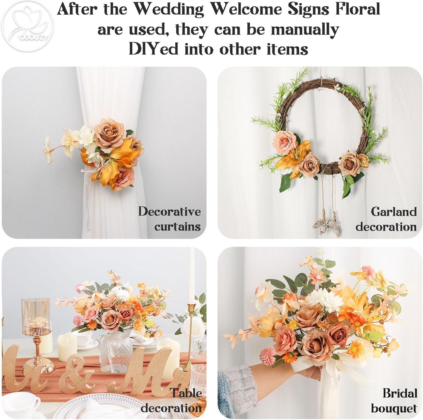 Wedding Arch Flowers Kit,Artificial Flower Arch Decor (Set of 3),2pcs Artificial Flower Arrangement with 1pc Sheer Drape for Wedding Decor Reception Backdrop Floral Decorations (Coffee Orange)